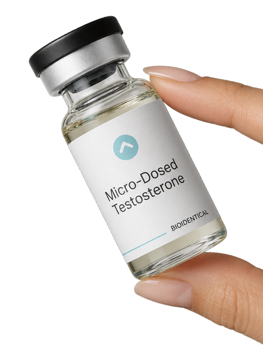 Vial of micro-dosed bioidentical testosterone held between two fingers